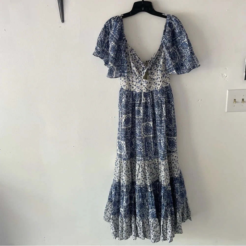 New! Abercrombie & Fitch twist tied blue print tiered maxi dress 37552.